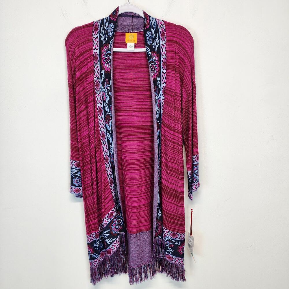 Ruby Rd. Aztec Fringe Cardigan Size L Dark Fuchsia Open Front Longline Mature